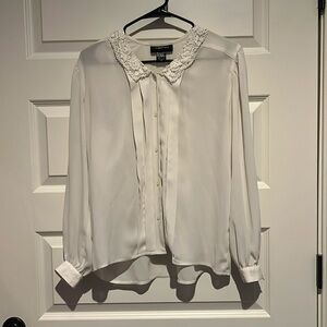 Creamy White long sleeve button down blouse w/ lace neckline